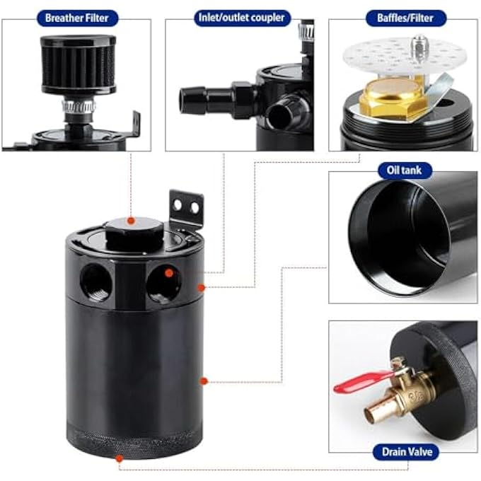 rayihni 150Ml Baffled Engine Oil Catch Can Reservoir Tank 3 PortOil Catch Can Kit With 1 Oulet  2 Intlet Compact Baffled Engine Oil Reservoir Tank With Breather Filter  Drain Valve - Image 3