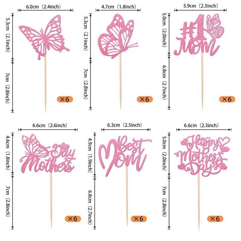 RSSTARXI 36 PACK PINK GLITER Happy Mother's Cupcake Cupcake Topcake Best Mom Butterfly Cupcake تختار ديكورات كعكة عيد أم سعيد لعيد الأم لوازم حفلة عيد ميلاد الأم - Image 2