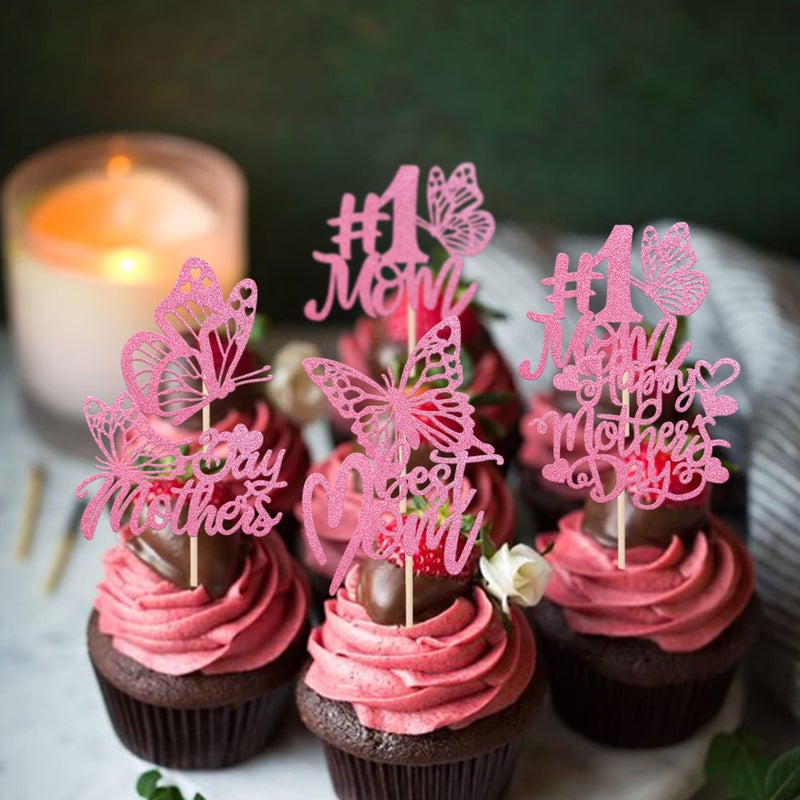 RSSTARXI 36 PACK PINK GLITER Happy Mother's Cupcake Cupcake Topcake Best Mom Butterfly Cupcake تختار ديكورات كعكة عيد أم سعيد لعيد الأم لوازم حفلة عيد ميلاد الأم - Image 4