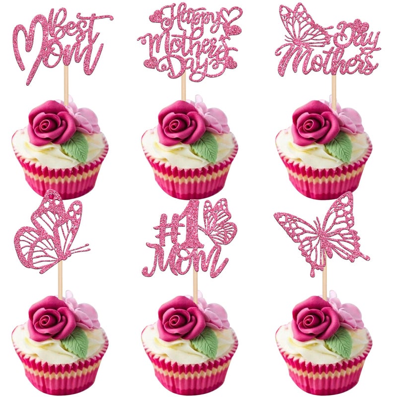 RSSTARXI 36 PACK PINK GLITER Happy Mother's Cupcake Cupcake Topcake Best Mom Butterfly Cupcake تختار ديكورات كعكة عيد أم سعيد لعيد الأم لوازم حفلة عيد ميلاد الأم - Image 1