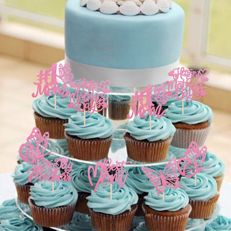 RSSTARXI 36 PACK PINK GLITER Happy Mother's Cupcake Cupcake Topcake Best Mom Butterfly Cupcake تختار ديكورات كعكة عيد أم سعيد لعيد الأم لوازم حفلة عيد ميلاد الأم - Image 3