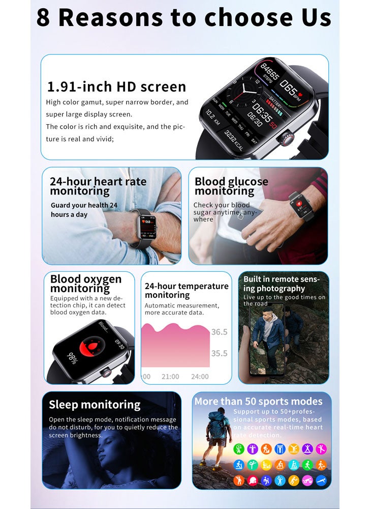 تشوميل ساعة F57L الذكية بشاشة كبيرة مقاس 1.91 بوصة لمراقبة نسبة السكر في الدم وضغط الدم غير الجراحية ساعة رياضية - Image 5