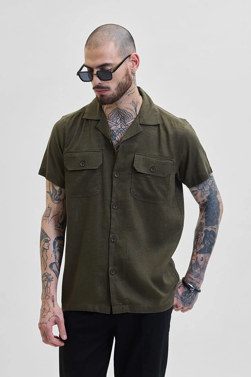 SNITCH Olive Solid Half Sleeve Boxy Casual Shirt