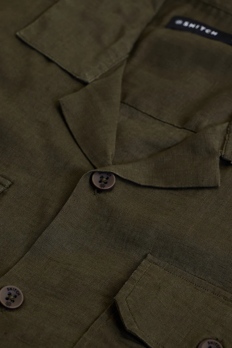 SNITCH Olive Solid Half Sleeve Boxy Casual Shirt