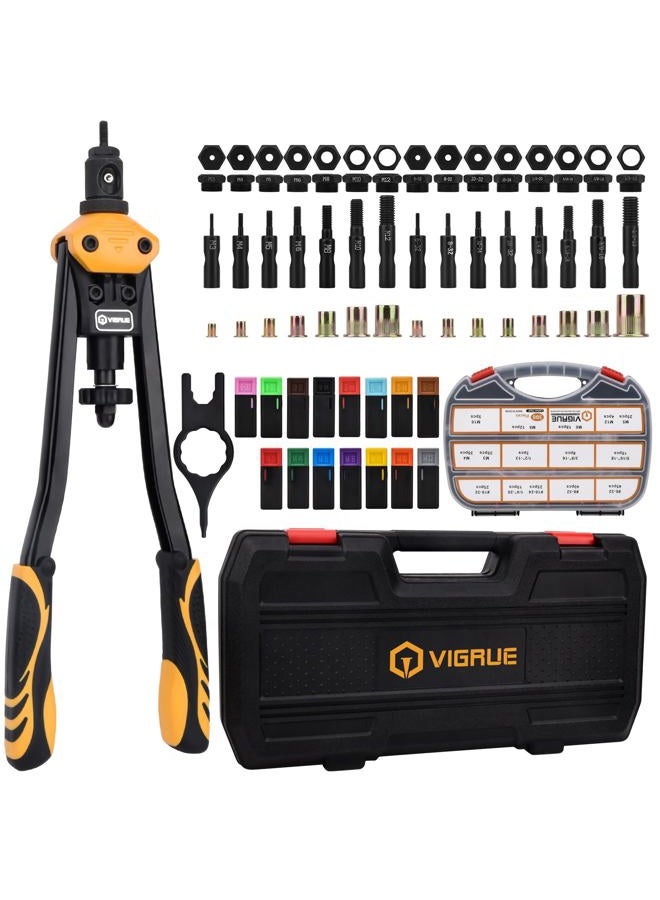 VIGRUE 16'' Rivet Nut Tool Nusterts Hand Tool Kits with 15PCS Metric & Inch Mandrels and 300PCS Metric & SAE Rivet Nuts Assortment M3 to M12, 6-32 to 1/2-13 and Rugged Carrying Case - Image 1