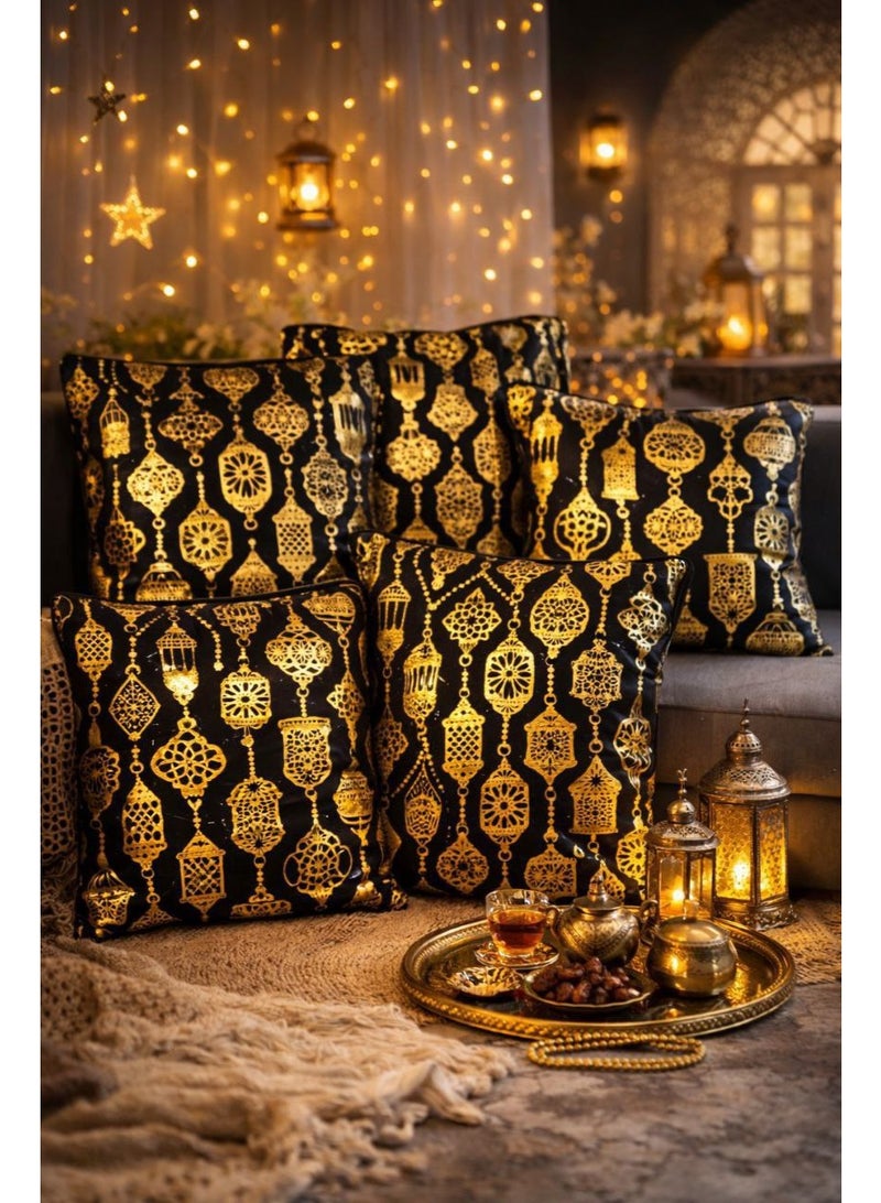 Ramadan Velvet Cushion Set Printed Design – 2 Decorative Pillow Covers in Black & Gold, Elegant Ramadan Décor for Living Room, 40×40 cm - Image 1