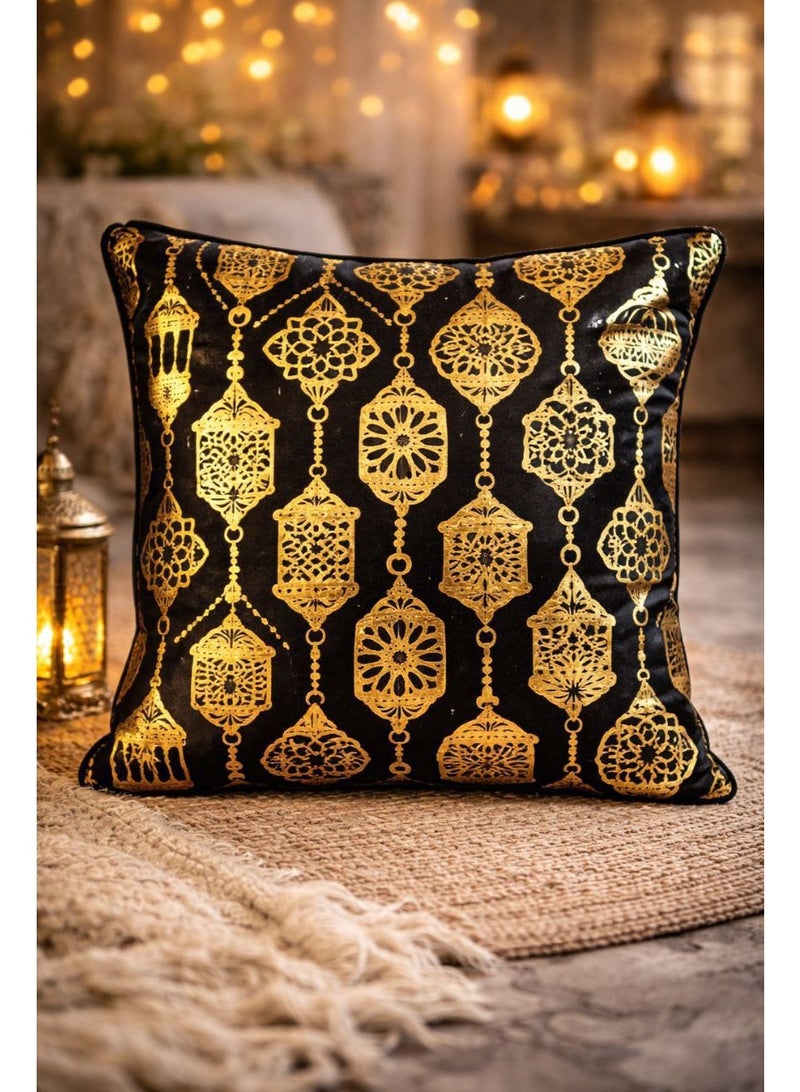 Ramadan Velvet Cushion Set Printed Design – 2 Decorative Pillow Covers in Black & Gold, Elegant Ramadan Décor for Living Room, 40×40 cm - Image 2