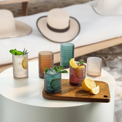 Khen Plastic Hobnail Drinking Glasses Set of 12 Neutral Tones Cups 6x 10oz Lowball & 6x 1oz Highball Acrylic Beaded Design, BPA-Free, Dishwasher Safe Indoor/Outdoor Drinkware Water, Juice, Cocktails - Image 5