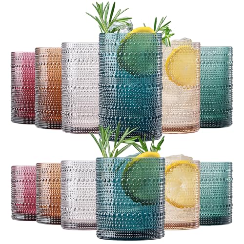 Khen Plastic Hobnail Drinking Glasses Set of 12 Neutral Tones Cups 6x 10oz Lowball & 6x 1oz Highball Acrylic Beaded Design, BPA-Free, Dishwasher Safe Indoor/Outdoor Drinkware Water, Juice, Cocktails - Image 1