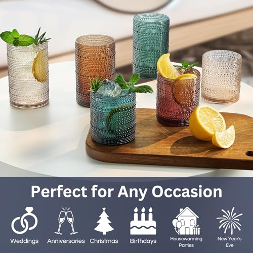 Khen Plastic Hobnail Drinking Glasses Set of 12 Neutral Tones Cups 6x 10oz Lowball & 6x 1oz Highball Acrylic Beaded Design, BPA-Free, Dishwasher Safe Indoor/Outdoor Drinkware Water, Juice, Cocktails - Image 2