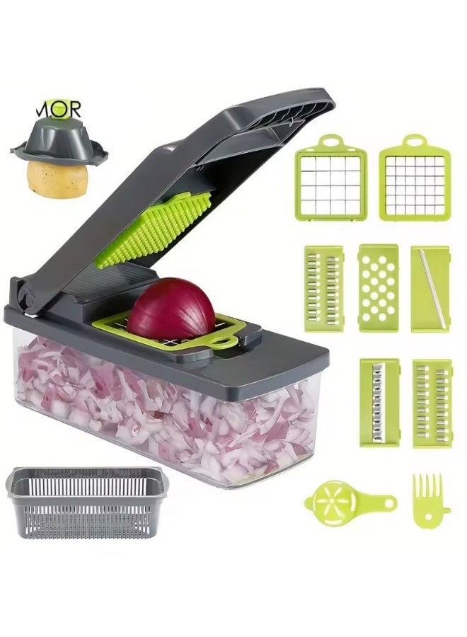 مبشرة خضراوات وبصل احترافية متعددة الوظائف 14 في 1 - تتضمن 8 شفرات من الفولاذ المقاوم للصدأ لتقطيع الخضراوات والبصل والفواكه بسهولة، وتأتي مع حاوية تخزين وملحقات تنظيف - متعددة الألوان - Image 1