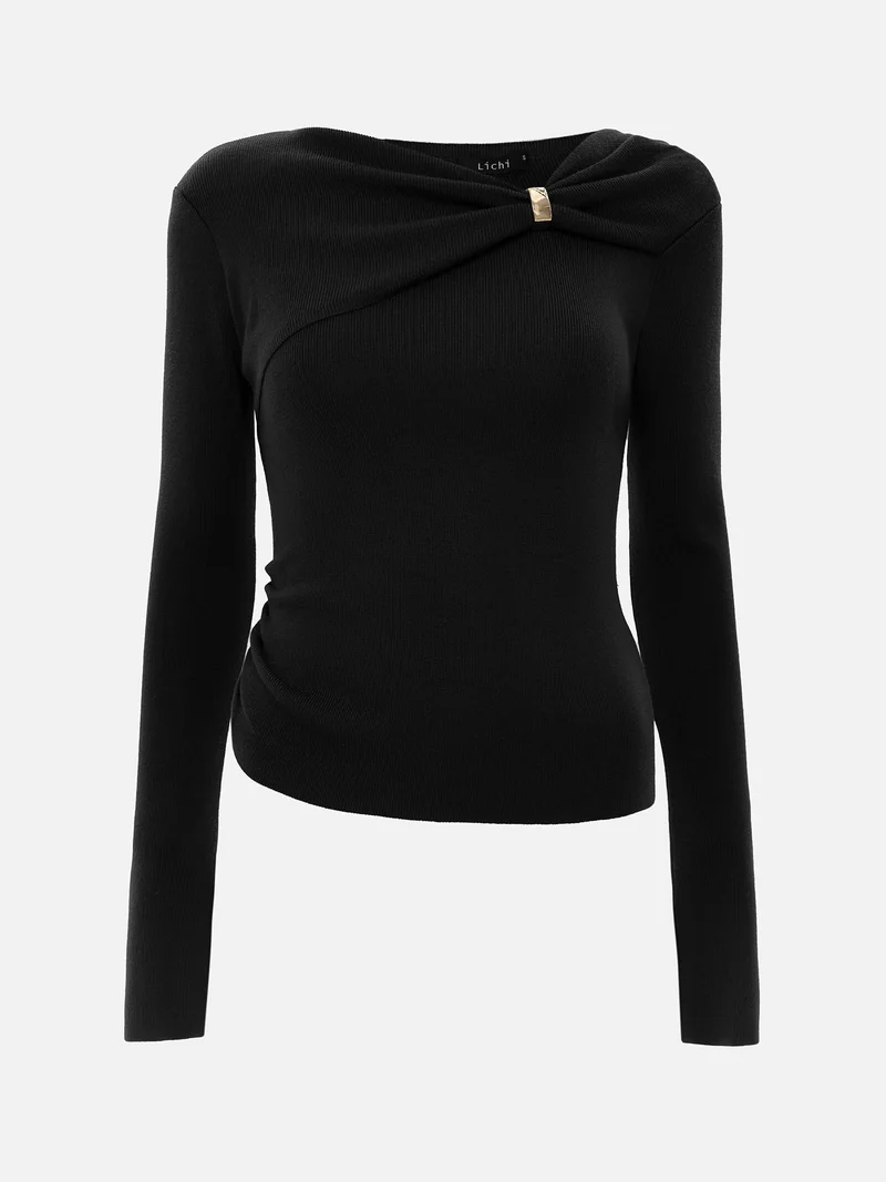 Lichi Viscose jumper with gathering and gold detailing on the collar
