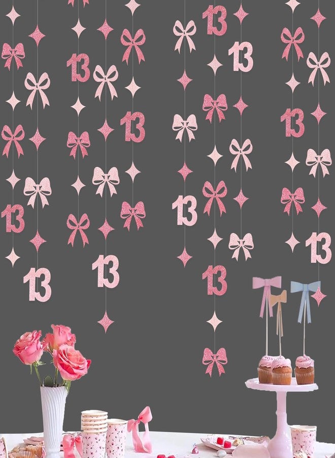 بينك بلوم زينة عيد ميلاد لامعة باللون الوردي الثالث عشر مع فيونكة وردية ساخنة من Conquette Bow Garland Ribbons Background للفتيات، هدايا رسمية لعيد ميلاد سعيد الثالث عشر، لوازم حفلات الذكرى السنوية لعمر 13 عامًا - Image 3