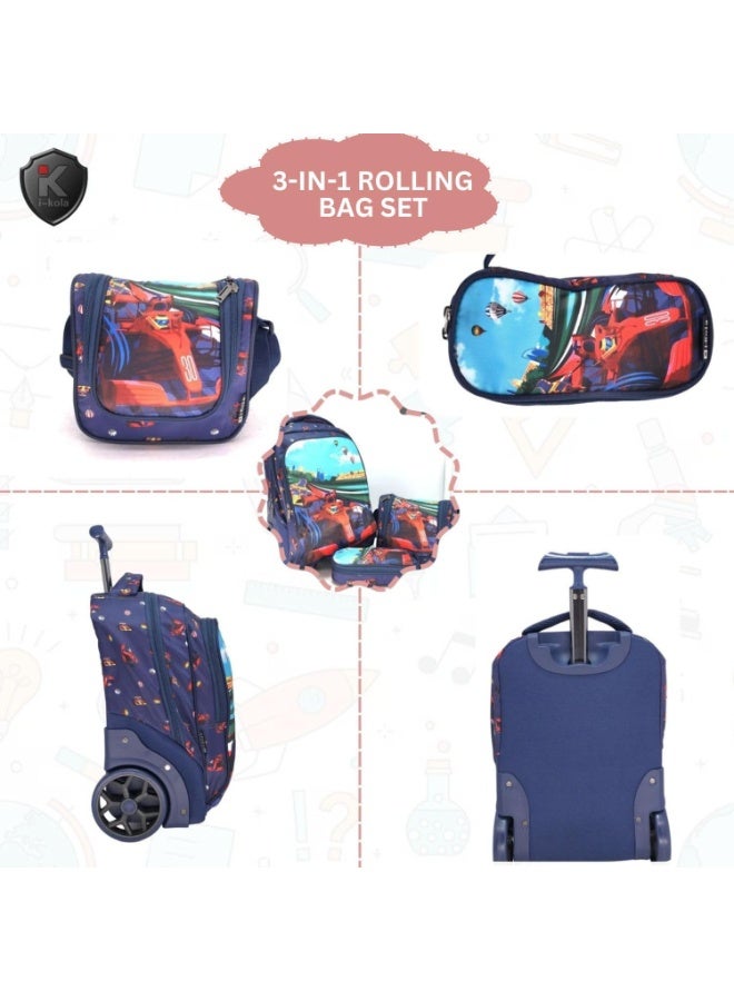 i-kola Car Design Blue 3pcs Kids Rolling School Bag Set – 16″ Trolley Backpack with Wheels, Spill-Proof Lunch Bag & Pencil Case – Telescopic Handle, Bottle Holder (E649-16BW) - Image 3