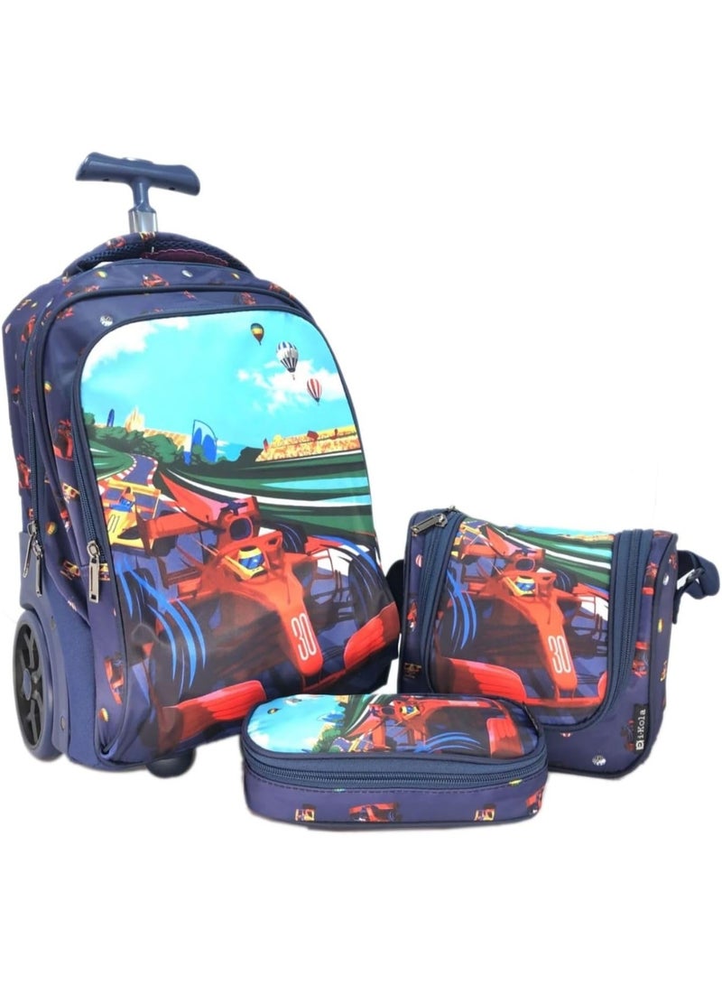 i-kola Car Design Blue 3pcs Kids Rolling School Bag Set – 16″ Trolley Backpack with Wheels, Spill-Proof Lunch Bag & Pencil Case – Telescopic Handle, Bottle Holder (E649-16BW) - Image 1