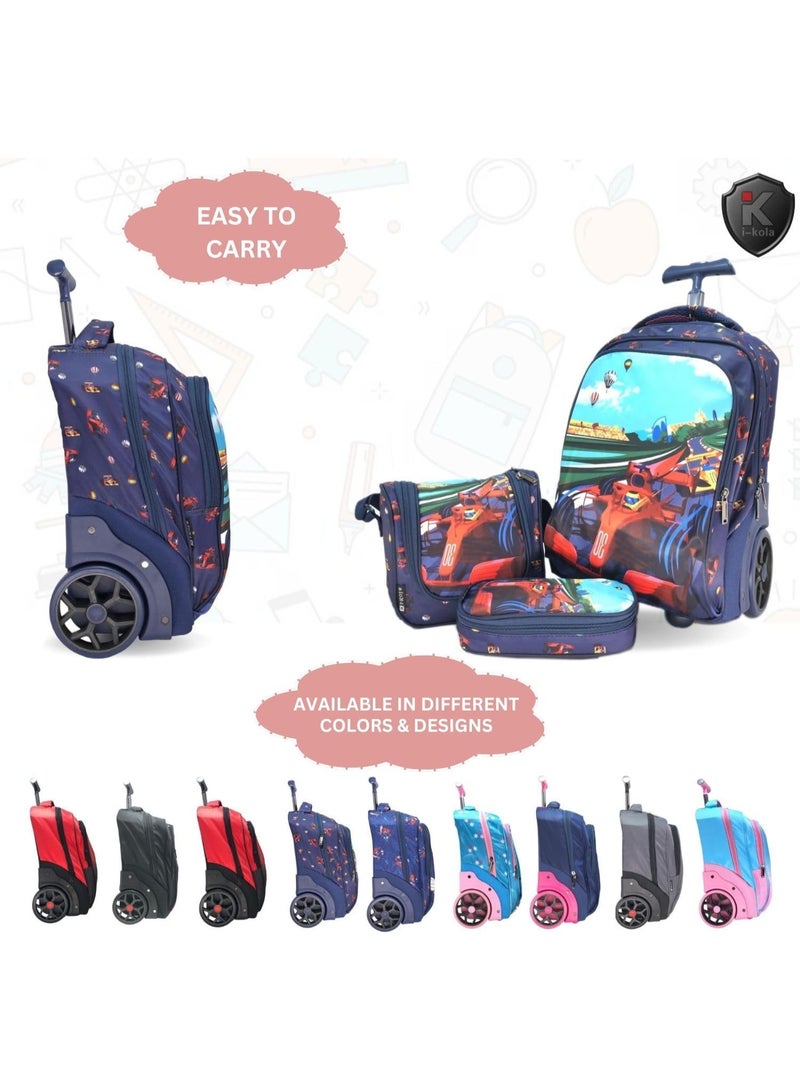 i-kola Car Design Blue 3pcs Kids Rolling School Bag Set – 16″ Trolley Backpack with Wheels, Spill-Proof Lunch Bag & Pencil Case – Telescopic Handle, Bottle Holder (E649-16BW) - Image 2