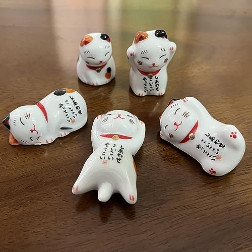 MIUFA Ceramic Cute Lucky Cat Chopsticks Rest Dinner Spoon Stand Knife Fork Holder (Set of 5pcs) - Image 4