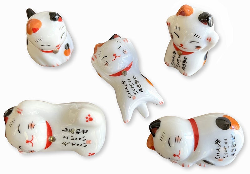 MIUFA Ceramic Cute Lucky Cat Chopsticks Rest Dinner Spoon Stand Knife Fork Holder (Set of 5pcs) - Image 1