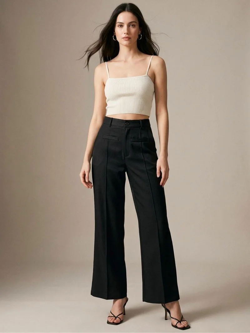 OUTZIDR  Black Wide Leg Solid Trousers for Women | Best Price UAE
