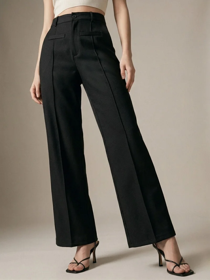 OUTZIDR  Black Wide Leg Solid Trousers for Women | Best Price UAE
