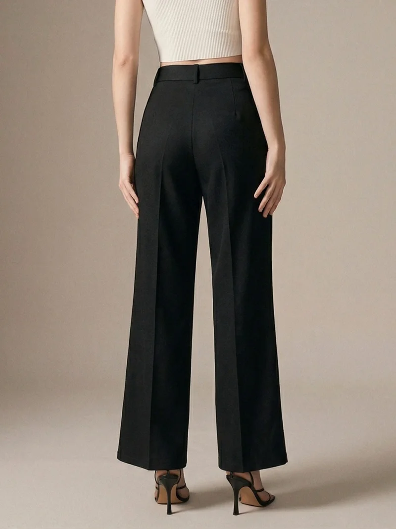 OUTZIDR  Black Wide Leg Solid Trousers for Women | Best Price UAE