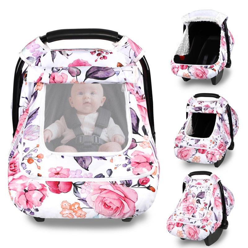 Pea Pod Winter Car Seat Cover Baby with Sunshade Dual Zipper Windows Minky Bubble Lined Windproof Soft Shell Warm Newborn Car Seat Canopy Covers Elastic Bottom for Stroller Infant Car Seat Floral - Image 2