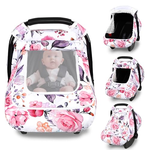 Pea Pod Winter Car Seat Cover Baby with Sunshade Dual Zipper Windows Minky Bubble Lined Windproof Soft Shell Warm Newborn Car Seat Canopy Covers Elastic Bottom for Stroller Infant Car Seat Floral - Image 1