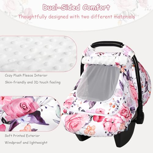 Pea Pod Winter Car Seat Cover Baby with Sunshade Dual Zipper Windows Minky Bubble Lined Windproof Soft Shell Warm Newborn Car Seat Canopy Covers Elastic Bottom for Stroller Infant Car Seat Floral - Image 3