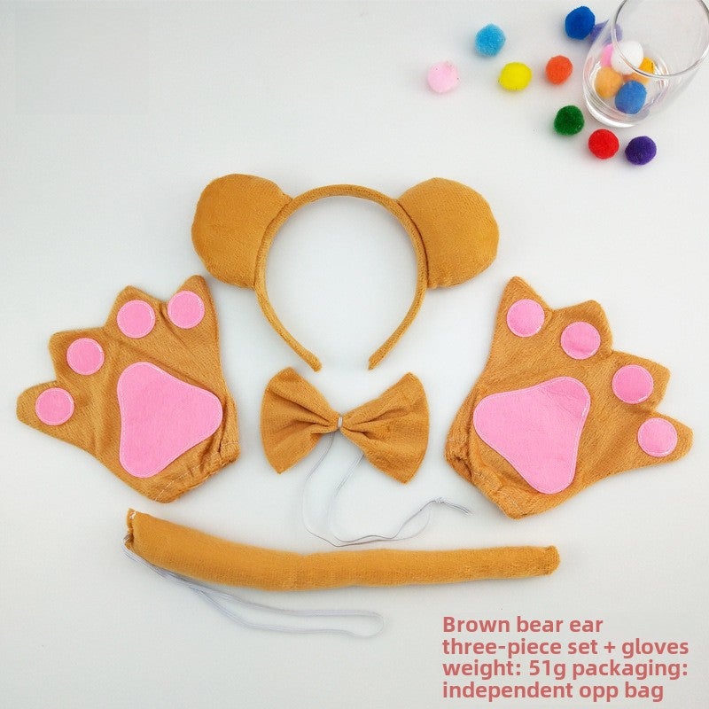 Generic Cross-border supply of three bear ears animal headdress hairband masquerade show cute raccoon headband female Brown bear ears three-piece set + gloves