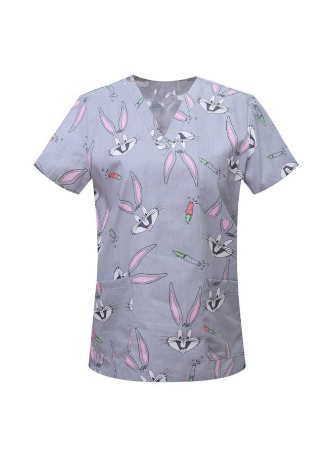 Loquat Womens Medical Scrubs Single Top Medical Uniform Single Printed Top Rabbit Print on Gray Background - Image 1
