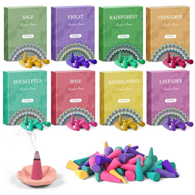 INCENSE CONES INCENSE CONES SCENTED ASSORTED INCENSE VARIETY PACK GIFT SET WITH HOLDER ROSE SAGE LAVENDER VIOLET CINNAMON EUCALYPTUS SANDALWOOD RAIN FOREST 120 CONES TOTAL