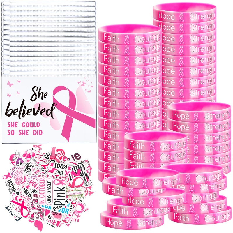 Cholemy 200 Pcs Breast Cancer Awareness Gifts Breast Cancer Awareness Silicone Bracelets Pink Ribbon Inspiring Stickers Pink Ribbon Makeup Bags for Women Survivor Charity Party Favors Supplies - Image 2