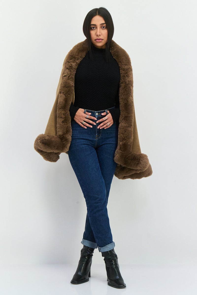 ADRIENNE VITTADINI Women Ombre Pattern Faux Fur Wrap 170 L x 65 H cm, Camel Brown  - Image 4