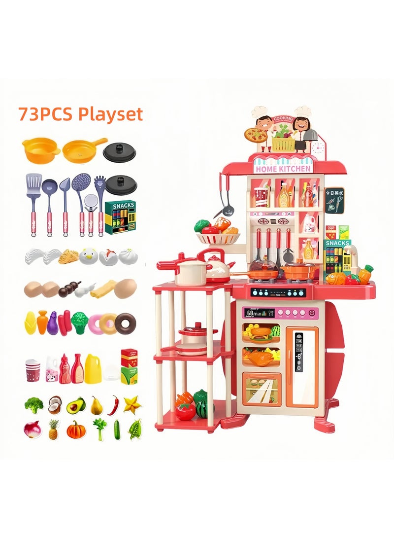LBMT مجموعة ألعاب مطبخ للأطفال مكونة من 73 قطعة للأعمار من 3+ عامًا،مطبخ عالي اللعب مقاس 95 سم مزود بالضوء والصوت والرش، وإكسسوارات ألعاب الحوض، ومواقد الطبخ، ومجموعة ألعاب داخلية DIY لأواني الطبخ للعب الأدوار، وألعاب طعام وهمية للأطفال الصغار 3+ (أحمر) - Image 2
