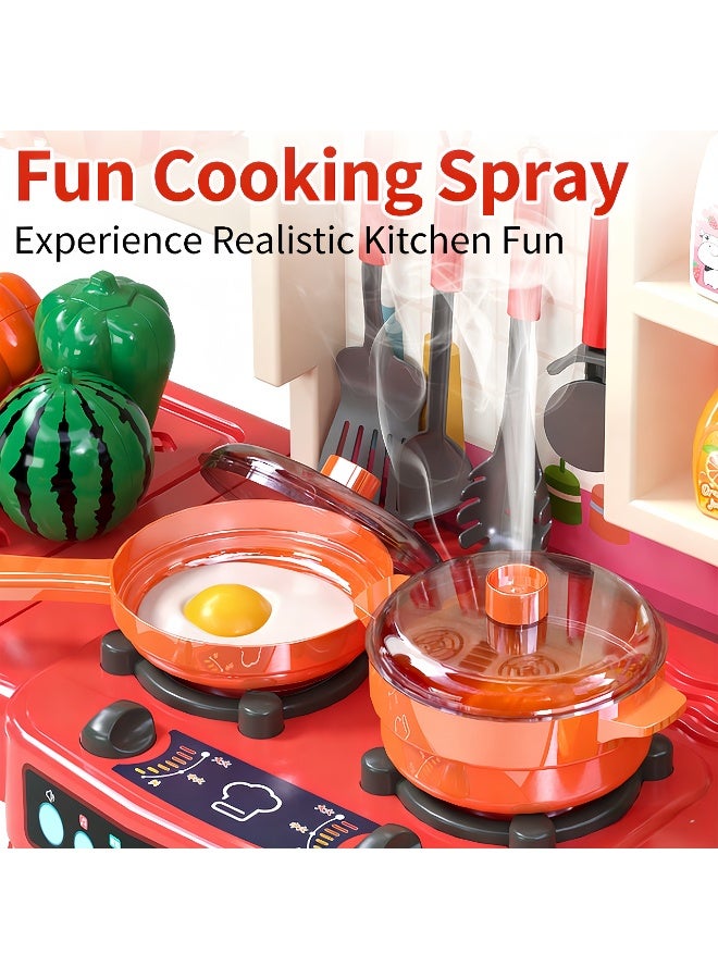 LBMT مجموعة ألعاب مطبخ للأطفال مكونة من 73 قطعة للأعمار من 3+ عامًا،مطبخ عالي اللعب مقاس 95 سم مزود بالضوء والصوت والرش، وإكسسوارات ألعاب الحوض، ومواقد الطبخ، ومجموعة ألعاب داخلية DIY لأواني الطبخ للعب الأدوار، وألعاب طعام وهمية للأطفال الصغار 3+ (أحمر) - Image 3