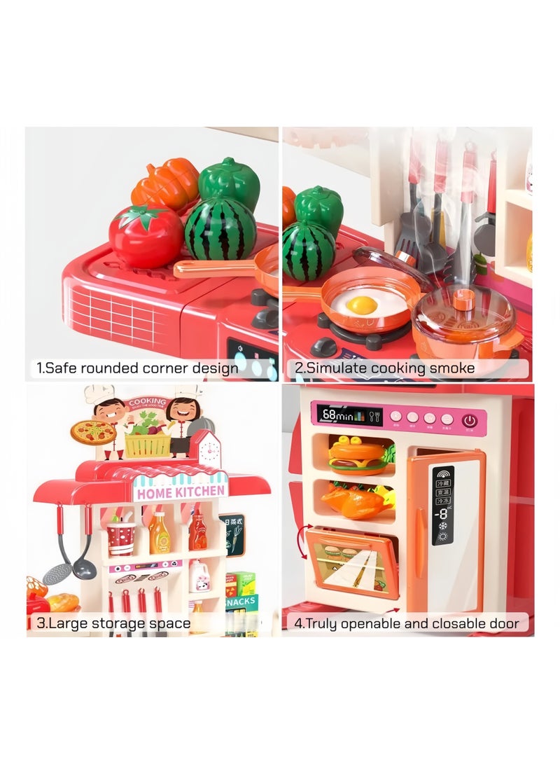 LBMT مجموعة ألعاب مطبخ للأطفال مكونة من 73 قطعة للأعمار من 3+ عامًا،مطبخ عالي اللعب مقاس 95 سم مزود بالضوء والصوت والرش، وإكسسوارات ألعاب الحوض، ومواقد الطبخ، ومجموعة ألعاب داخلية DIY لأواني الطبخ للعب الأدوار، وألعاب طعام وهمية للأطفال الصغار 3+ (أحمر) - Image 4