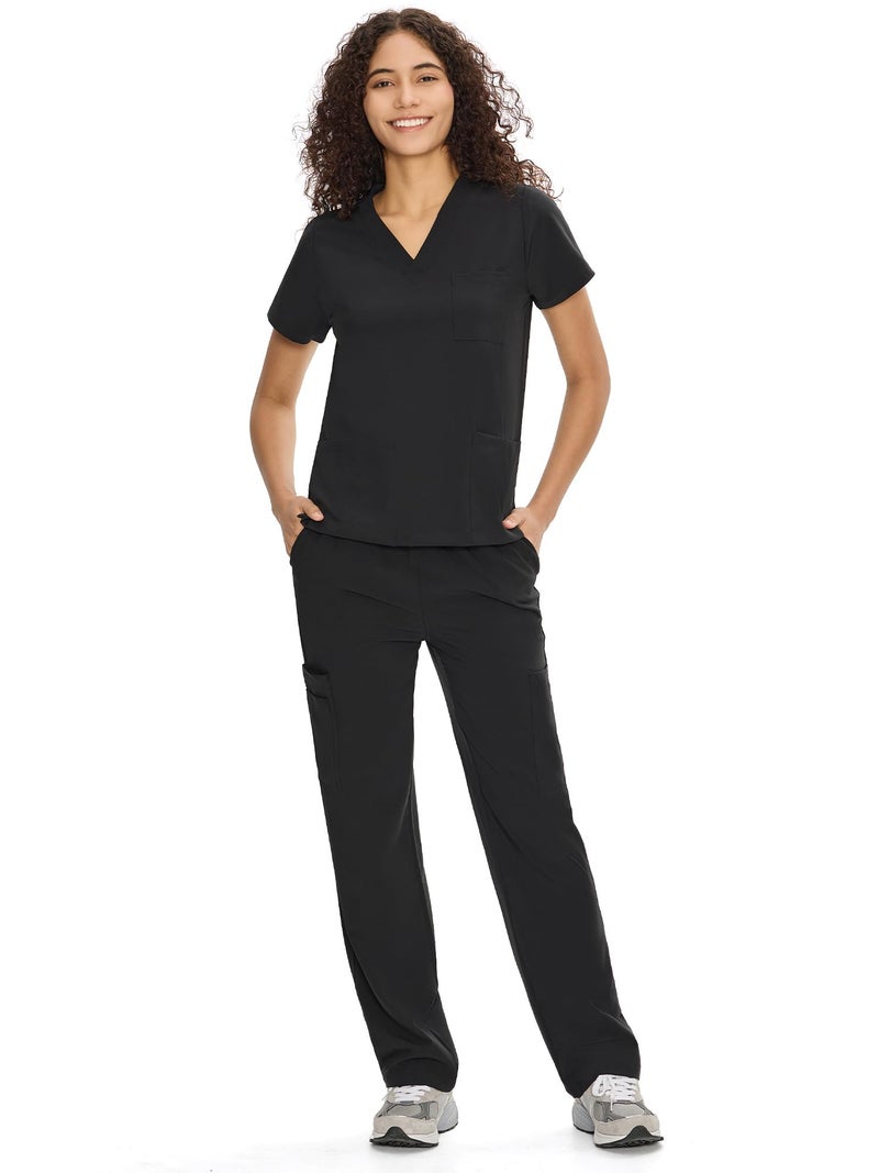 COZYFIT Scrubs for Women Set Medical Uniform - V-Neck Top & Straight Leg Pants with 9 Pockets, Unisex Workwear COZY SCRUBS, Black, 2XL - Image 1
