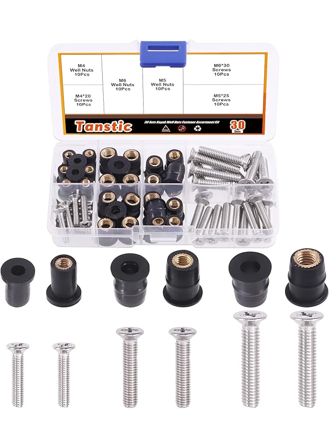 Tanstic 60Pcs M4 M5 M6 Neoprene Well Nut with 20mm 25mm 30mm Stainless Steel Pozi Screws Assortment Kit for Windscreens, Trucks, and Motorcycles - Image 1