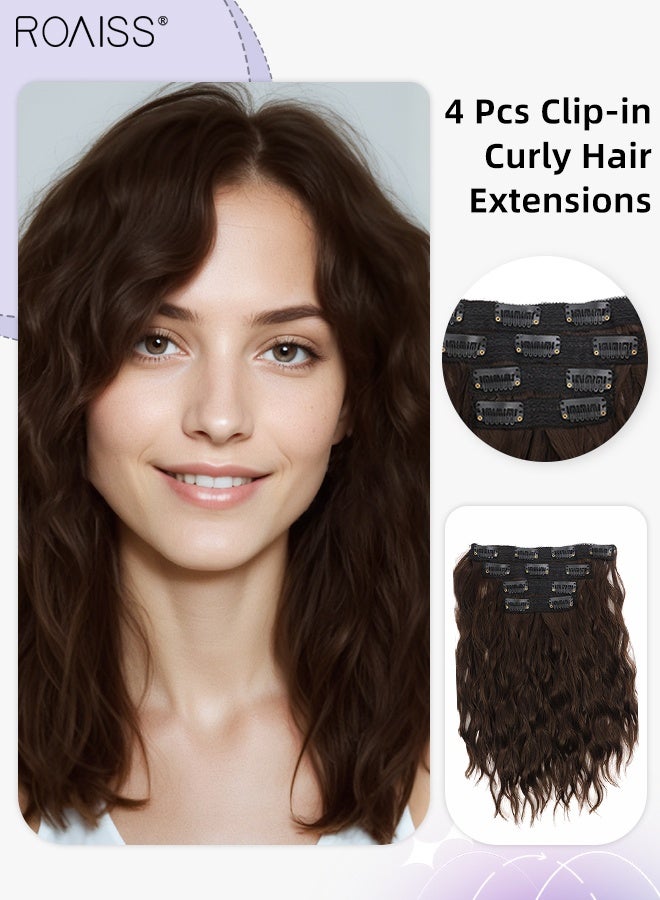 roaiss 4 Pcs Clip in Curly Hair Extensions, Invisible Adjustable Medium Length Synthetic Heat Resistant Hairpieces for Women Girls, Dark Brown , 30cm (20 inches) - Image 1
