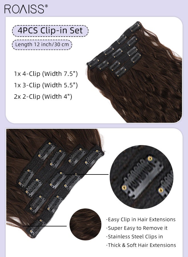 roaiss 4 Pcs Clip in Curly Hair Extensions, Invisible Adjustable Medium Length Synthetic Heat Resistant Hairpieces for Women Girls, Dark Brown , 30cm (20 inches) - Image 3
