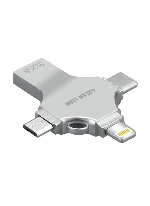 4-in-1 USB Flash Drive 512GB / USB-A/USB-C/Lightning/Micro USB Interfaces / High-speed Data Transfer Capability / Up to 80MB/s Read Speed / Up to 40MB/s Write Speed - Silver