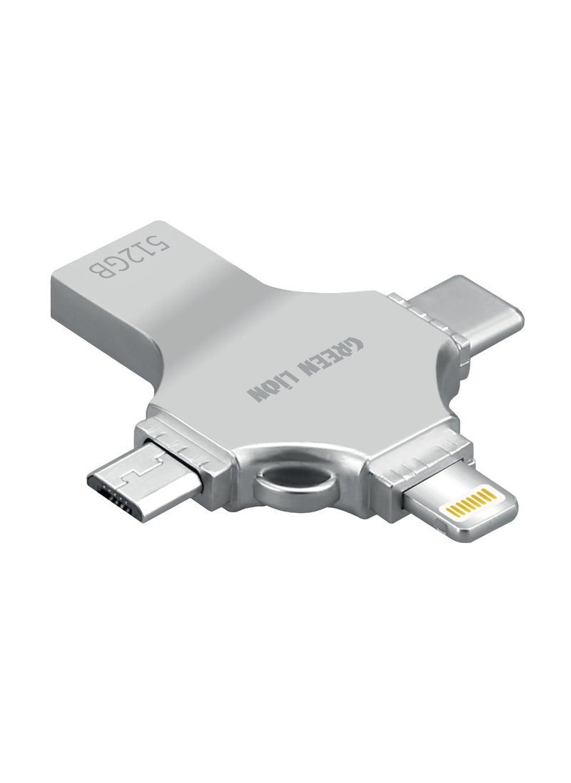 GREEN LION - 4-in-1 USB Flash Drive 512GB / USB-A/USB-C/Lightning/Micro USB Interfaces / High-speed Data Transfer Capability / Up to 80MB/s Read Speed / Up to 40MB/s Write Speed - Silver - Image 1