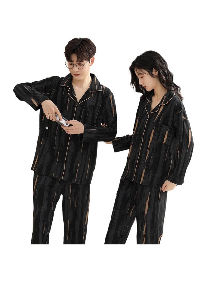 Modal Couple'S Pajamas For Men And Women, Spring And Autumn Lightweight Soft Long-Sleeve Wearable Outside Simple Black And Gold Striped Casual Loungewear Set - Image 2