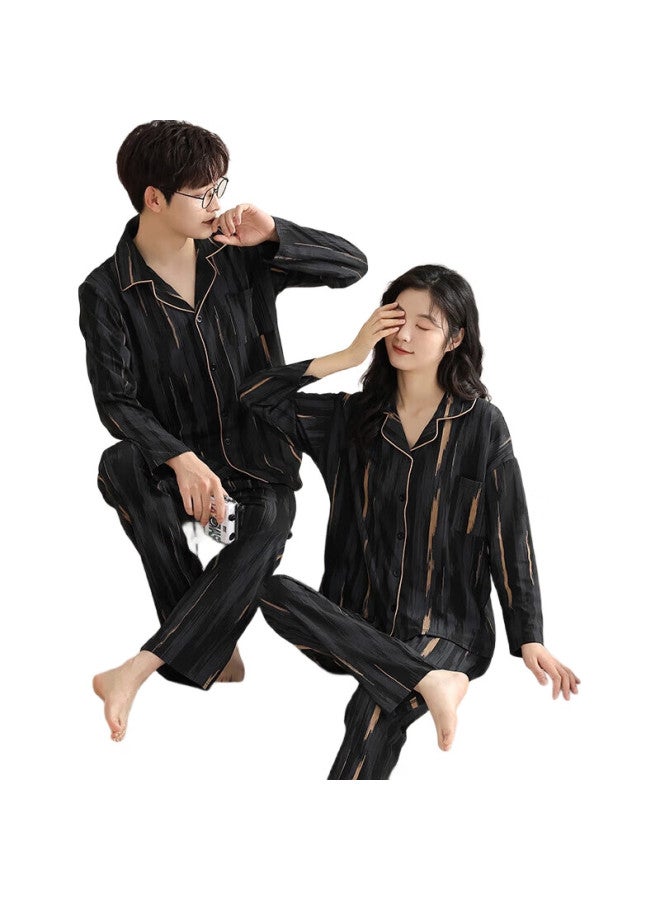 Modal Couple'S Pajamas For Men And Women, Spring And Autumn Lightweight Soft Long-Sleeve Wearable Outside Simple Black And Gold Striped Casual Loungewear Set - Image 3