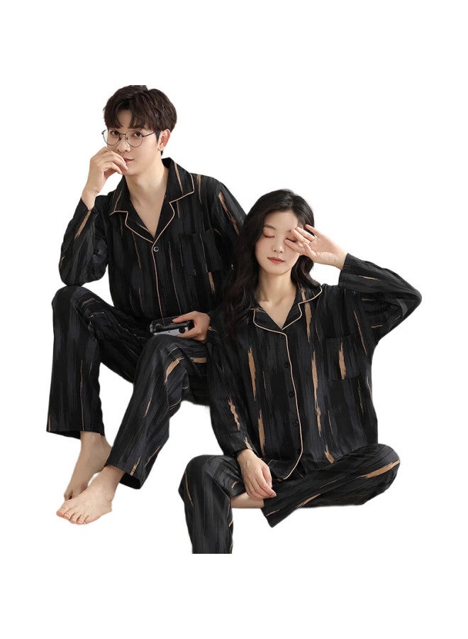 Modal Couple'S Pajamas For Men And Women, Spring And Autumn Lightweight Soft Long-Sleeve Wearable Outside Simple Black And Gold Striped Casual Loungewear Set - Image 1