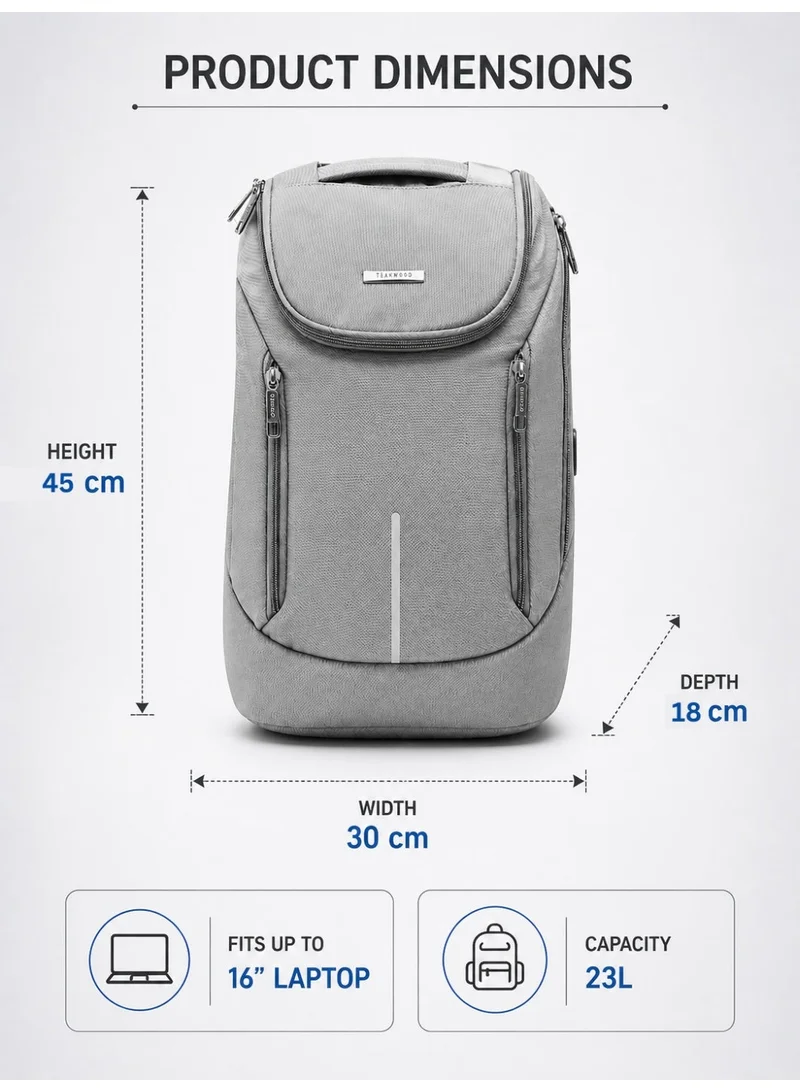 Teakwood Grey Teakwood 23L Business Unisex Laptop Backpack  | Fits up to 16 " Laptop | Premium Grey Office & Travel Backpack | USB Charging Port | Trolley Sleeve | Water-Resistant | Multi-Compartment Durable Design  | Best Price UAE