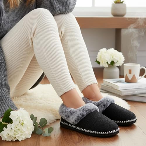 EverFoams Women's Bootie Slippers Warm Soft Comfy Memory Foam Non-slip Indoor House Shoes with Fluffy Collar (Black, Size 6 M US) - Image 2