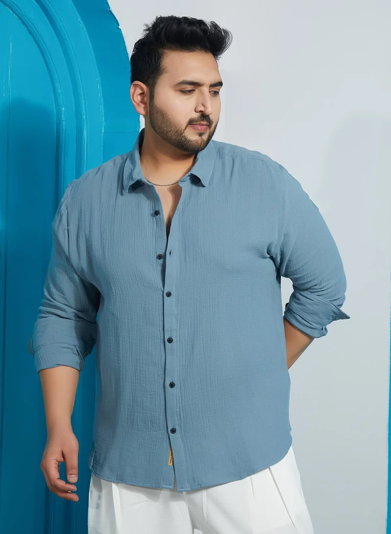 Instafab Plus Men's Sky Blue Breezy-Weave Shirt For Casual Wear | Spread Collar | Long Cuffed Sleeves | Button Closure | Plus Size Shirt Crafted With Comfort Fit For Everyday Wear