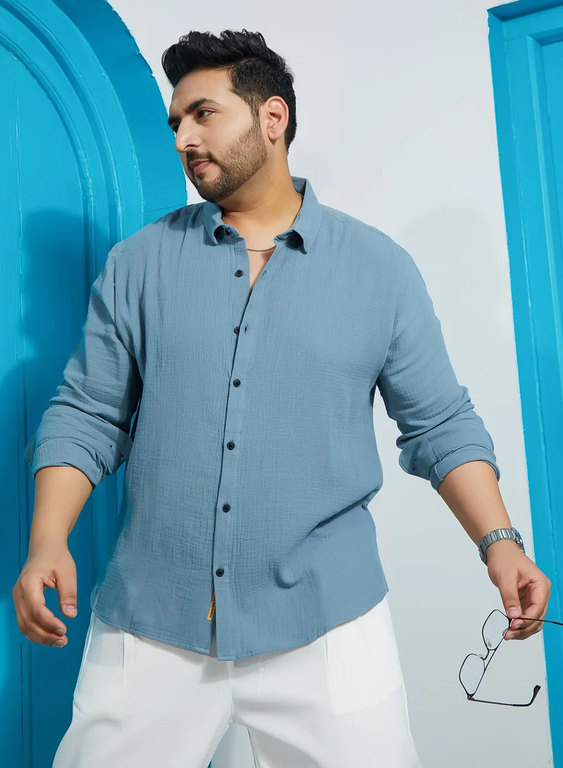 Instafab Plus Men's Sky Blue Breezy-Weave Shirt For Casual Wear | Spread Collar | Long Cuffed Sleeves | Button Closure | Plus Size Shirt Crafted With Comfort Fit For Everyday Wear