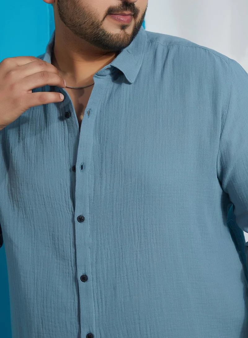 Instafab Plus  Men's Sky Blue Breezy-Weave Shirt For Casual Wear | Spread Collar | Long Cuffed Sleeves | Button Closure | Plus Size Shirt Crafted With Comfort Fit For Everyday Wear for Men | Best Price UAE